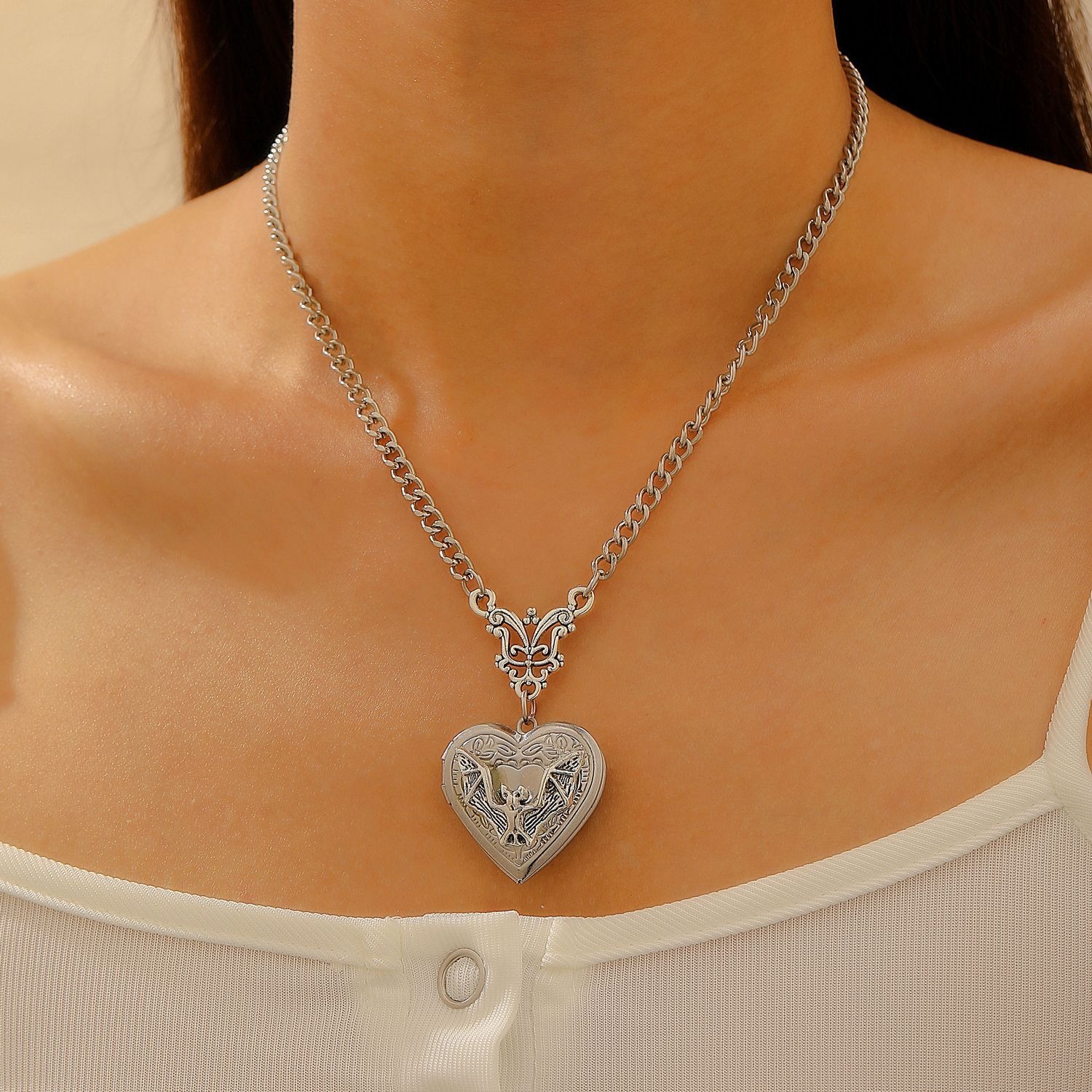 S925 Sterling Silver Gothic Bat Heart Locket Necklace
