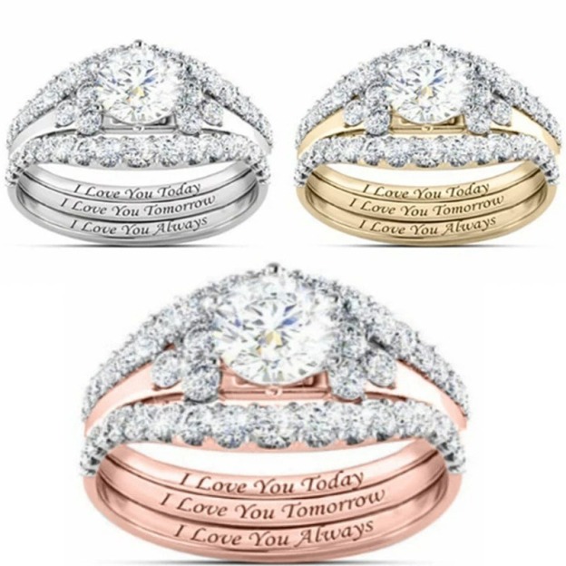“Today·Tomorrow·Always” 18K Gold Diamond Stackable Ring Set｜Three-Layer Romantic Vow Engraved in Love