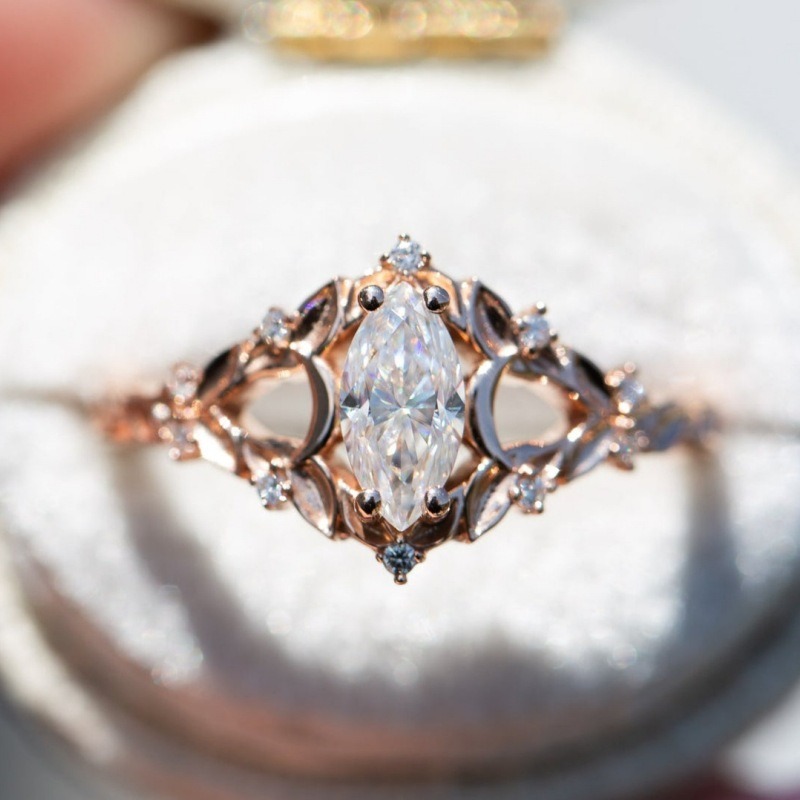 Gilded Marquise 18K Rose Gold Marquise Cut Diamond Vintage Openwork Ring