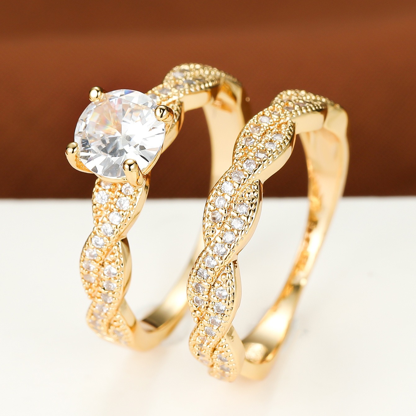 Wave Diamond Bond Two-Tone Full Pavé Wave Ring Set