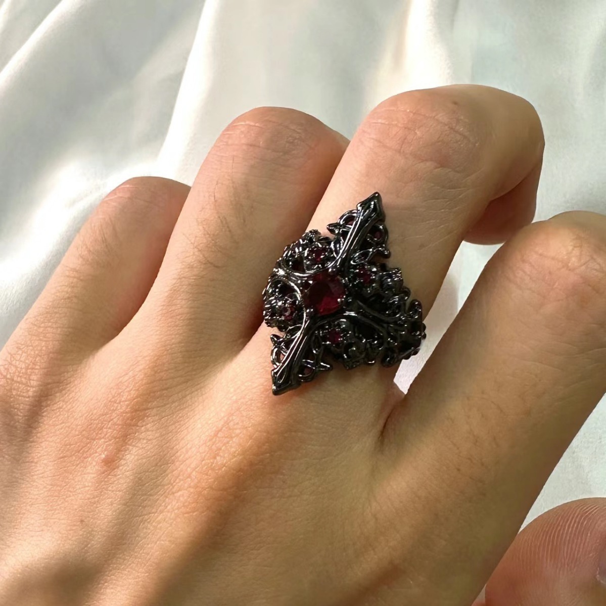 Midnight Crimson Black-Plated Gothic Ring