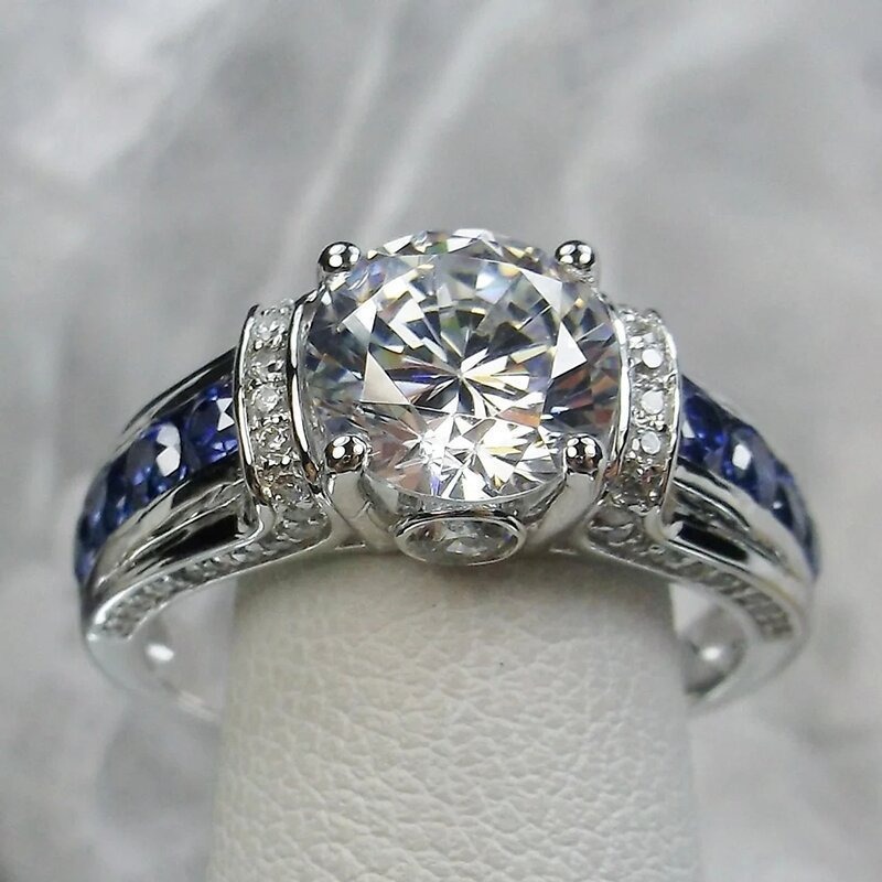 S925 Sterling Silver Sapphire Accent Four-Prong Solitaire Ring