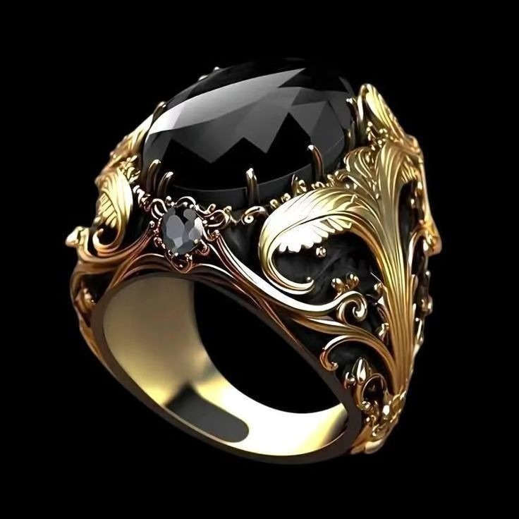Black Gold Seal S925 Sterling Silver Gold-Plated Onyx Vintage Ring Noble Elegance at Your Fingertips