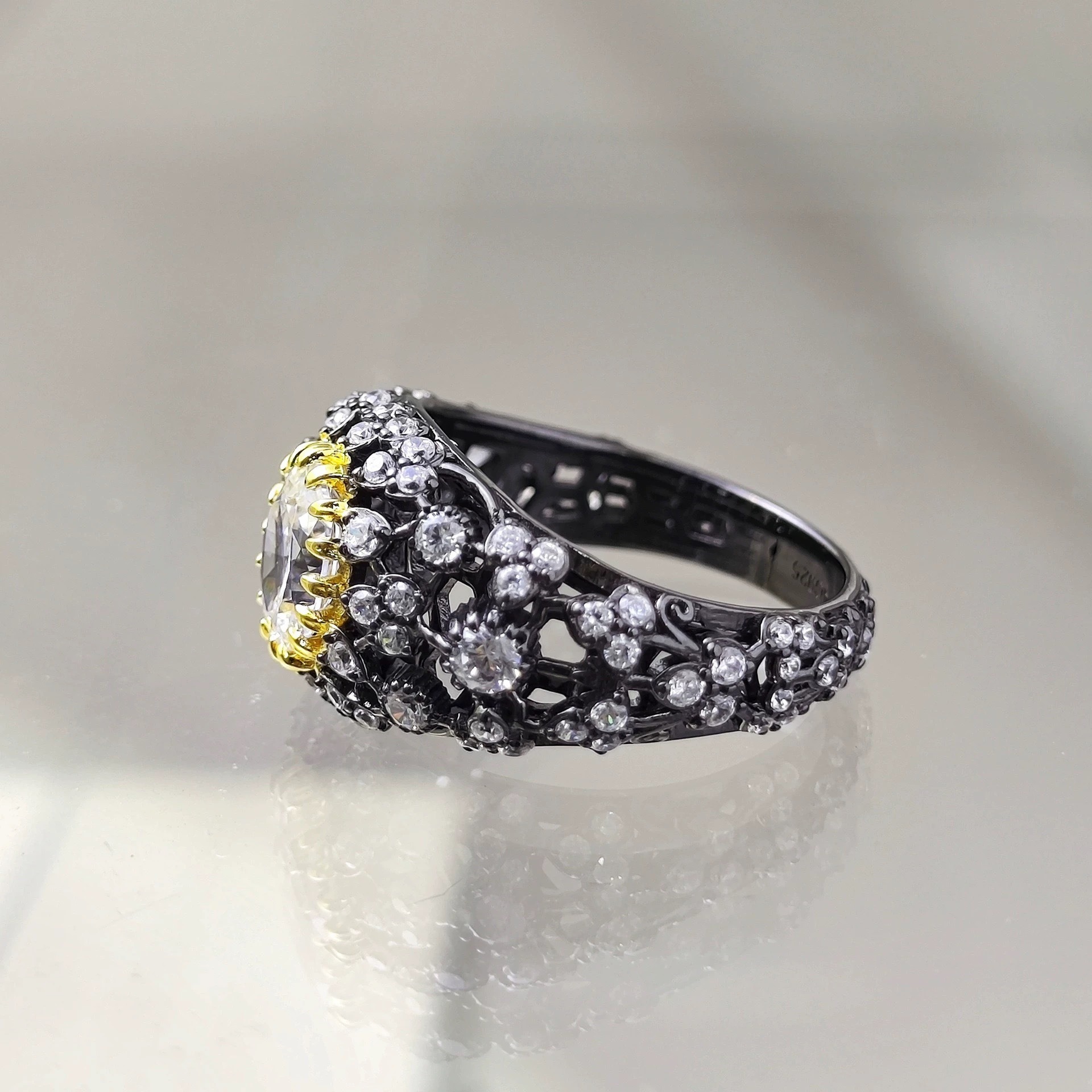 Black Gold Dream S925 Sterling Silver Black-Gold Plated Diamond Ring Set Vintage Modernity at Your Fingertips