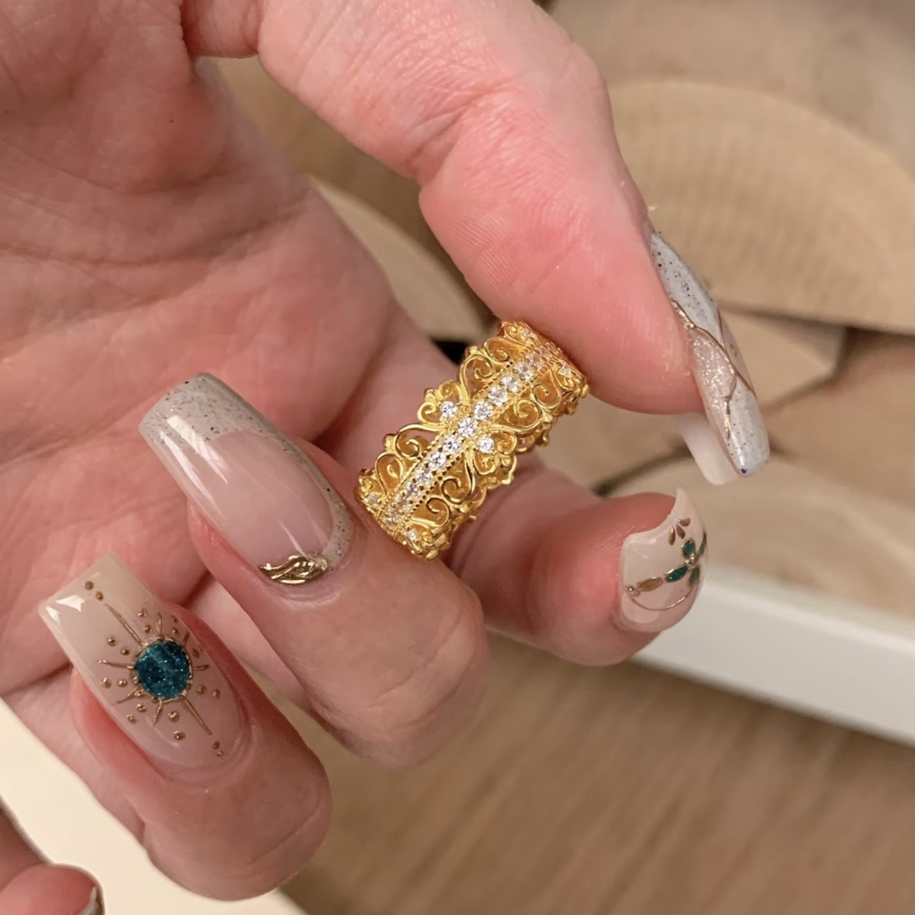 Golden Filigree Blossom 18K Gold Vintage Openwork Filigree Pavé Diamond Wide Band Ring