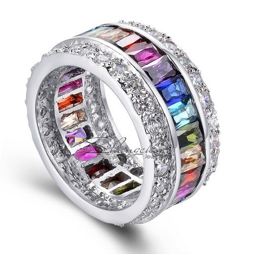 Rainbow Light S925 Sterling Silver Platinum Plated Rainbow Rectangular Diamond Wide Ring