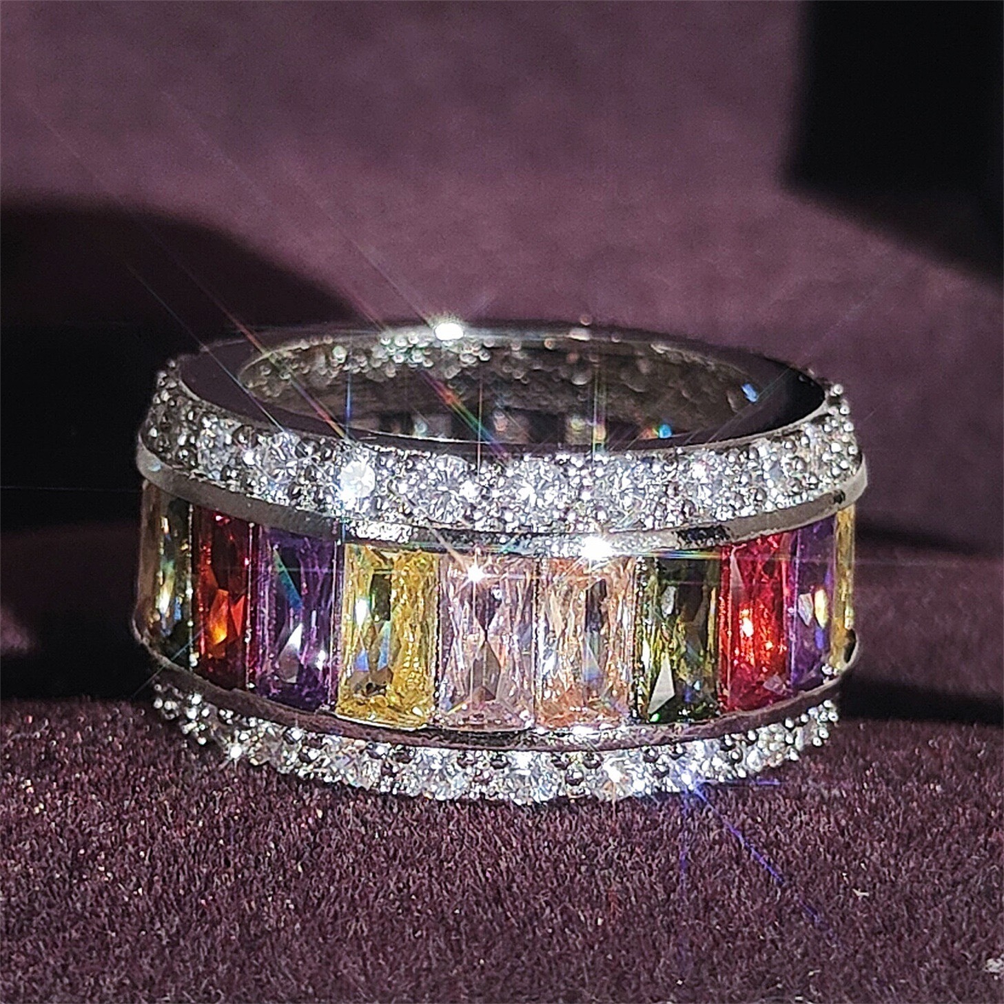 Rainbow Light S925 Sterling Silver Platinum Plated Rainbow Rectangular Diamond Wide Ring