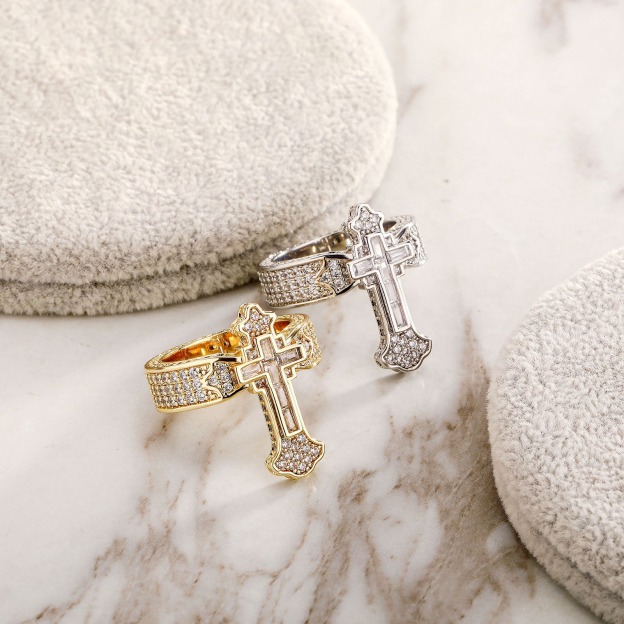 Sacred Radiance Cross 14K Gold Full Crystal Protection Ring