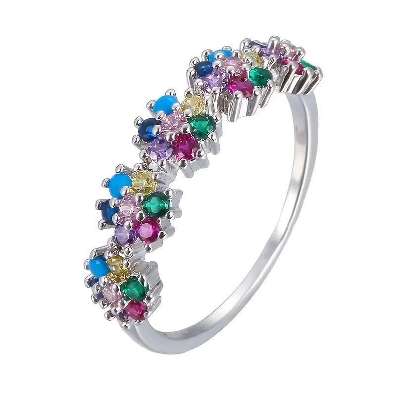 Life's Rainbow S925 Sterling Silver Platinum-Plated 7-Color Blossom Ring
