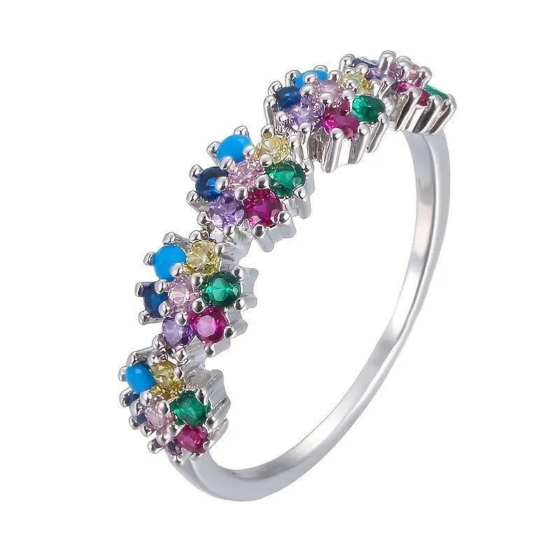Life's Rainbow S925 Sterling Silver Platinum-Plated 7-Color Blossom Ring