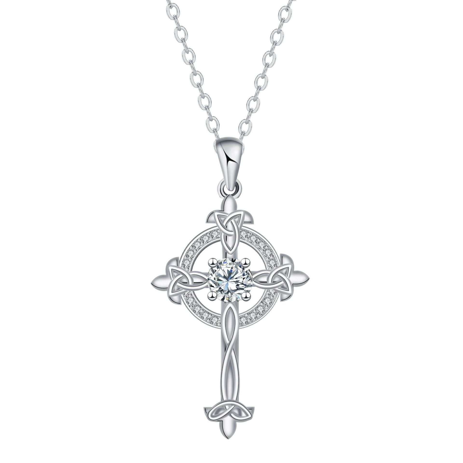 Celtic Sacred Ring S925 Sterling Silver Crystal Cross Necklace