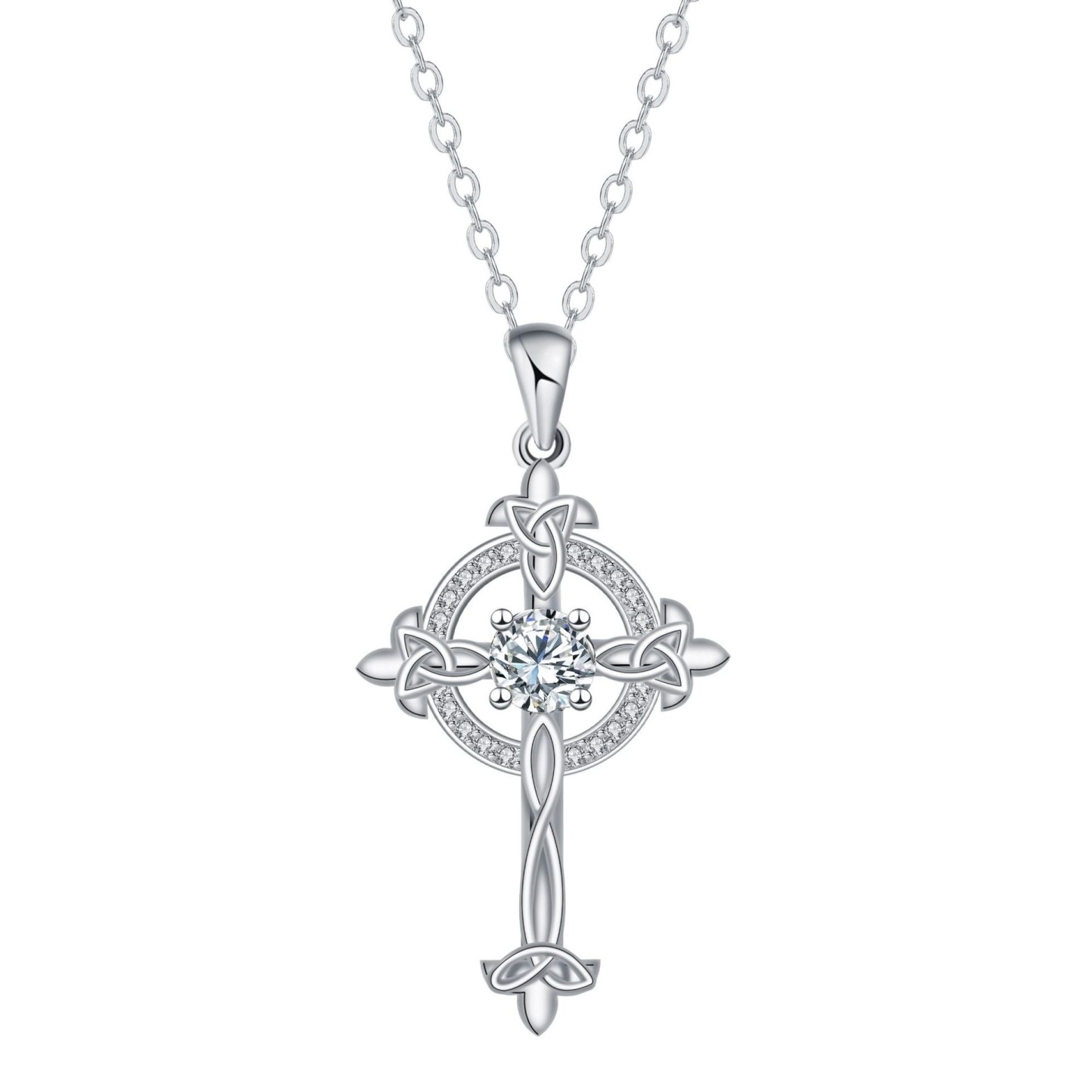 Celtic Sacred Ring S925 Sterling Silver Crystal Cross Necklace
