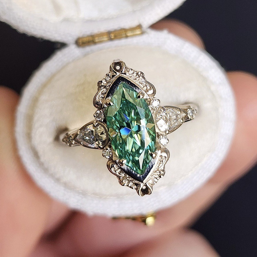 Whisper of the Forest S925 Sterling Silver Marquise Green Diamond Vintage Ring