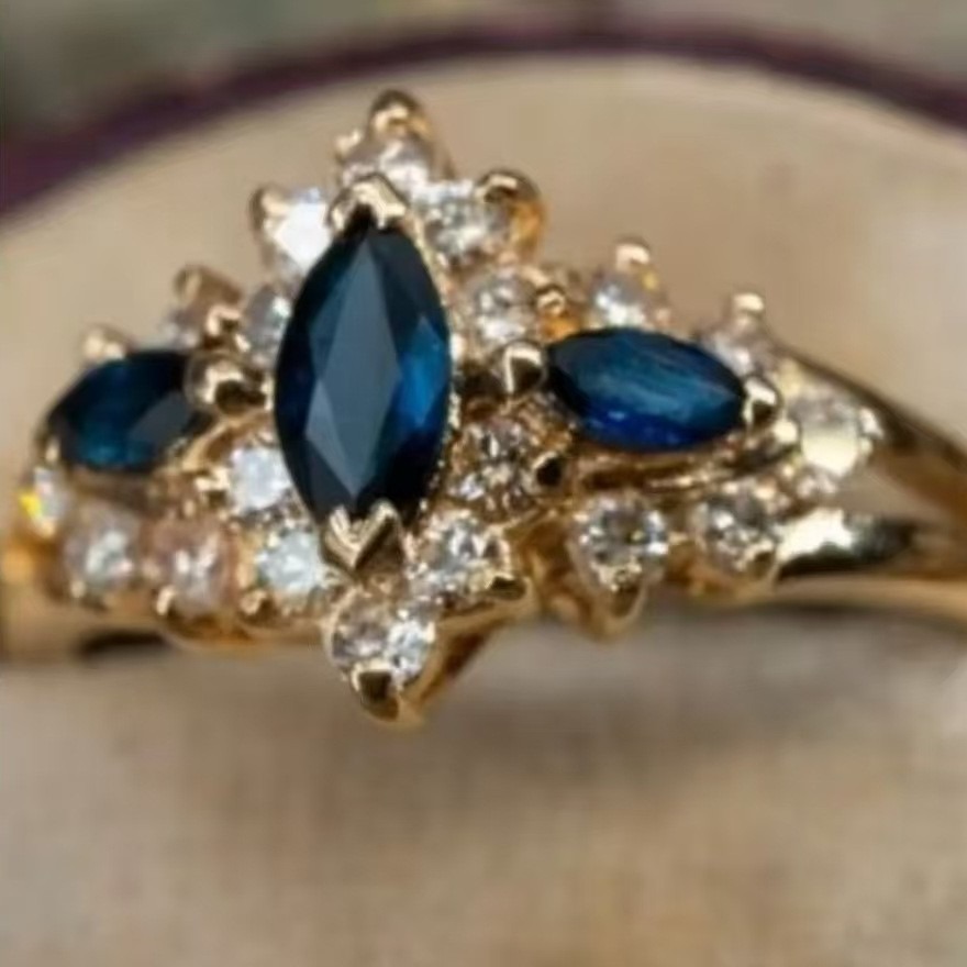Vintage Starburst 14K Gold-Plated Marquise Sapphire Ring