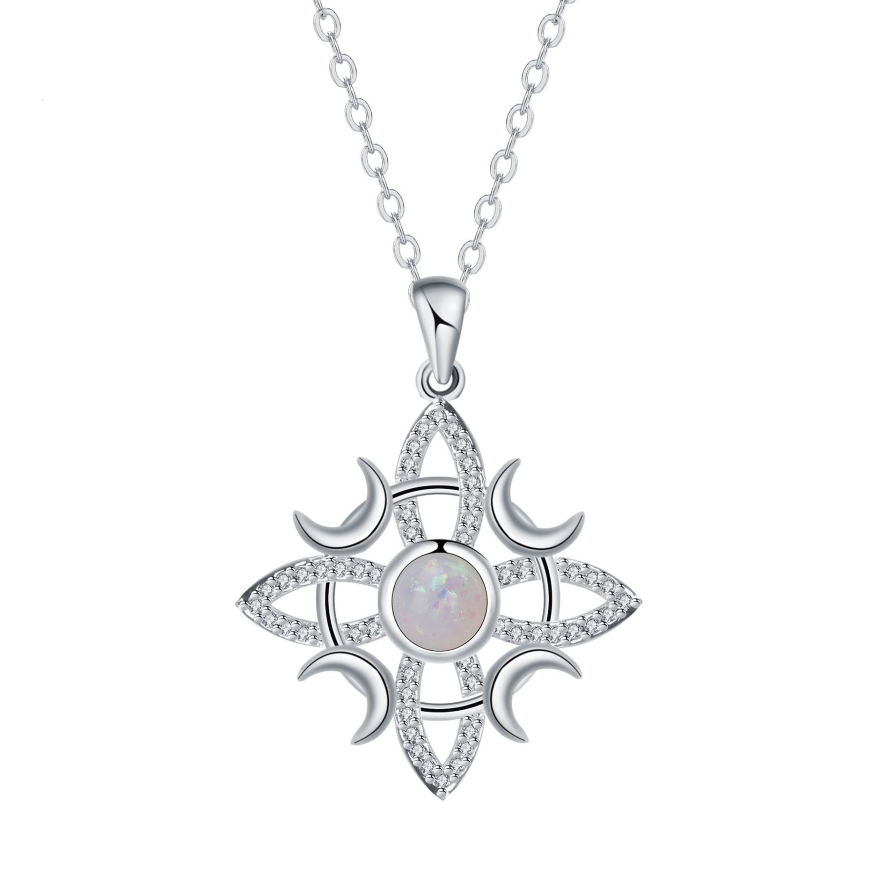 Celtic Moon Glow S925 Sterling Silver Opal Star-Moon Protection Necklace