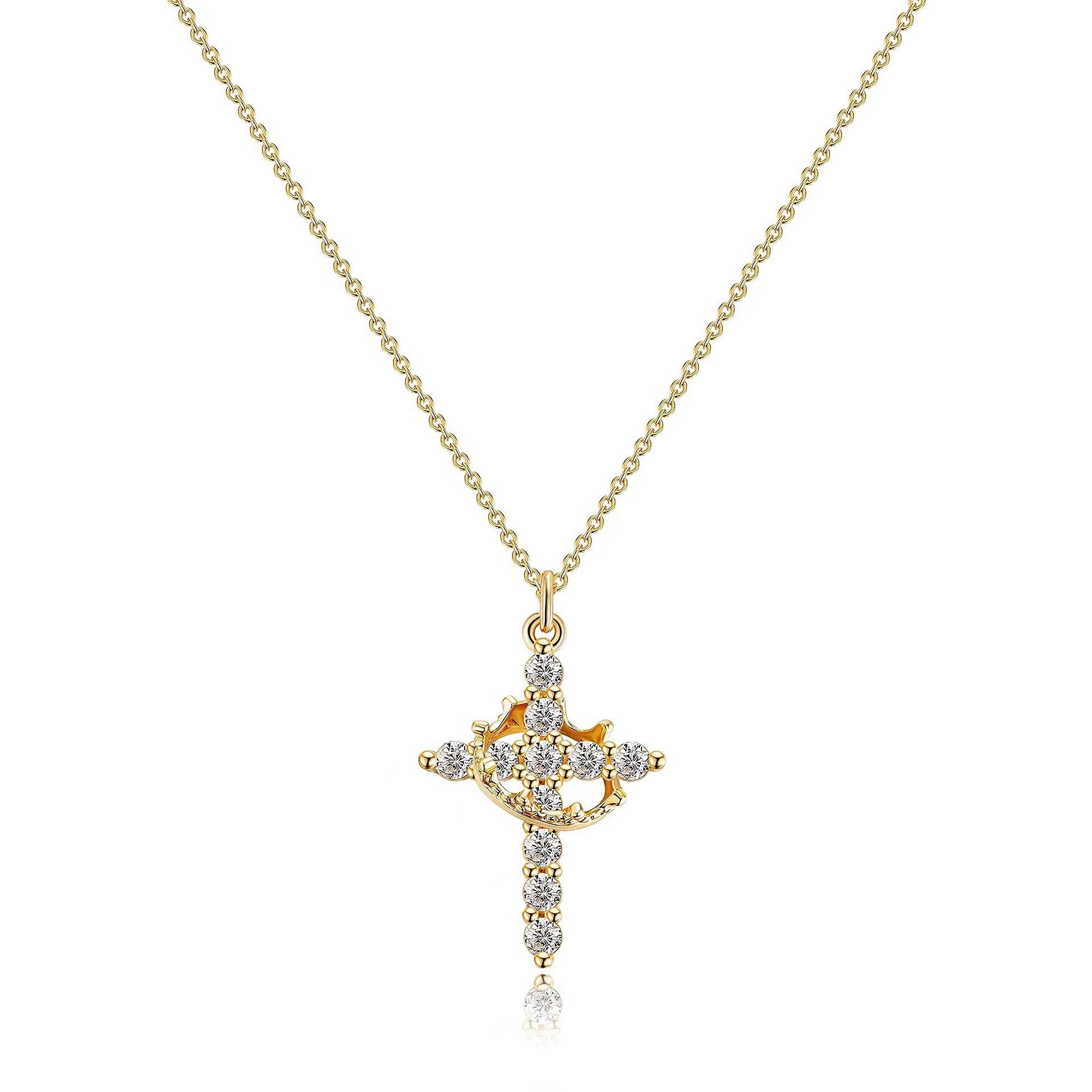 Crowned Faith S925 Sterling Silver Tri-Tone Crystal Crown Cross Necklace