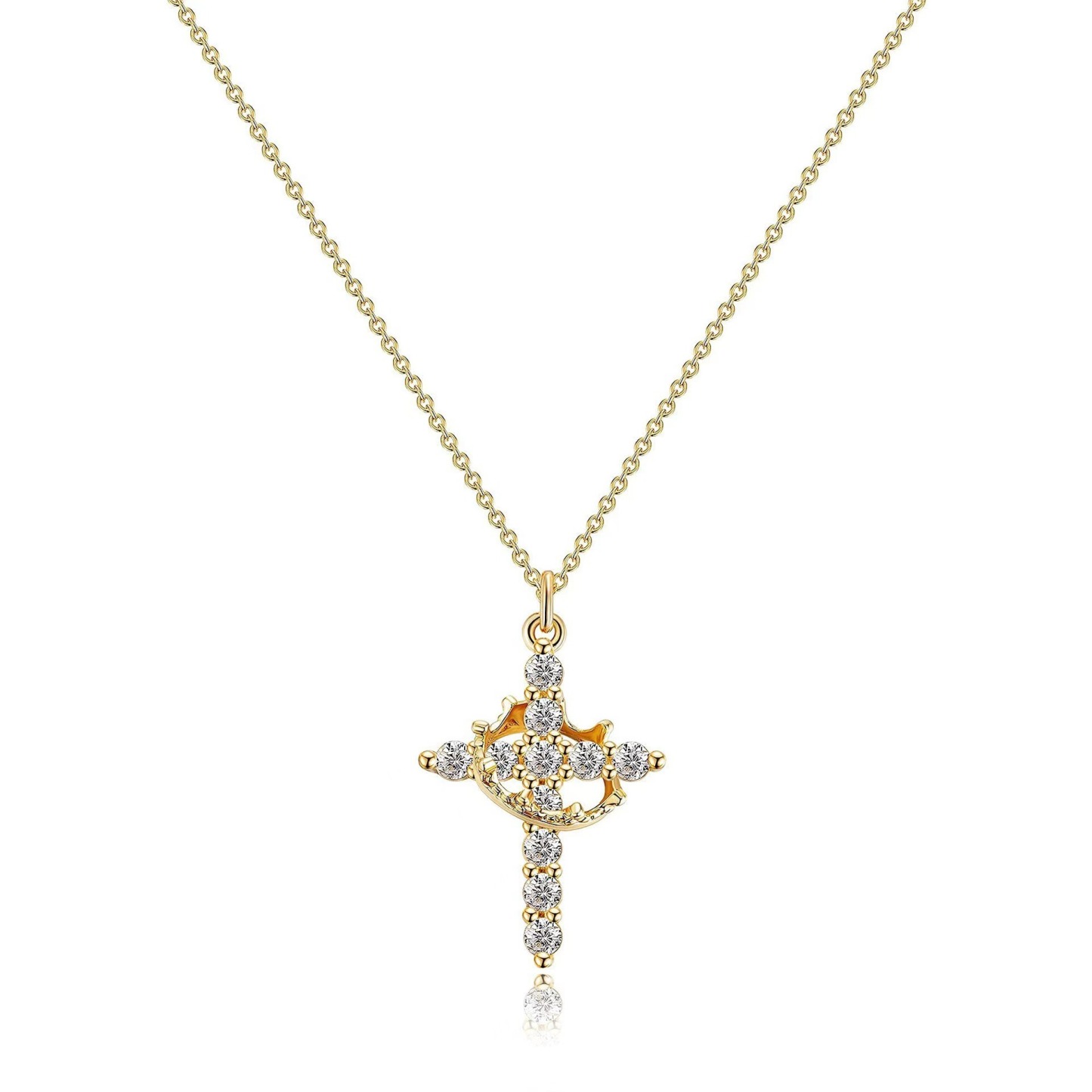 Crowned Faith S925 Sterling Silver Tri-Tone Crystal Crown Cross Necklace