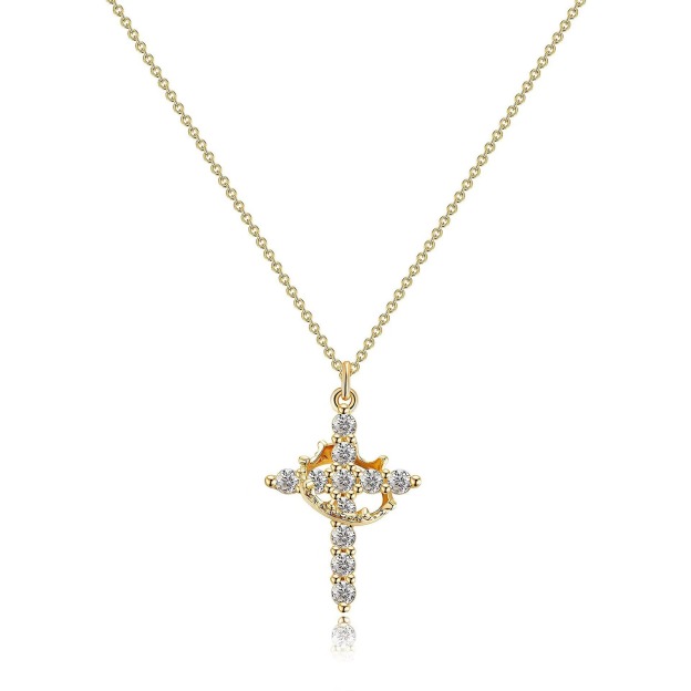 Crowned Faith S925 Sterling Silver Tri-Tone Crystal Crown Cross Necklace