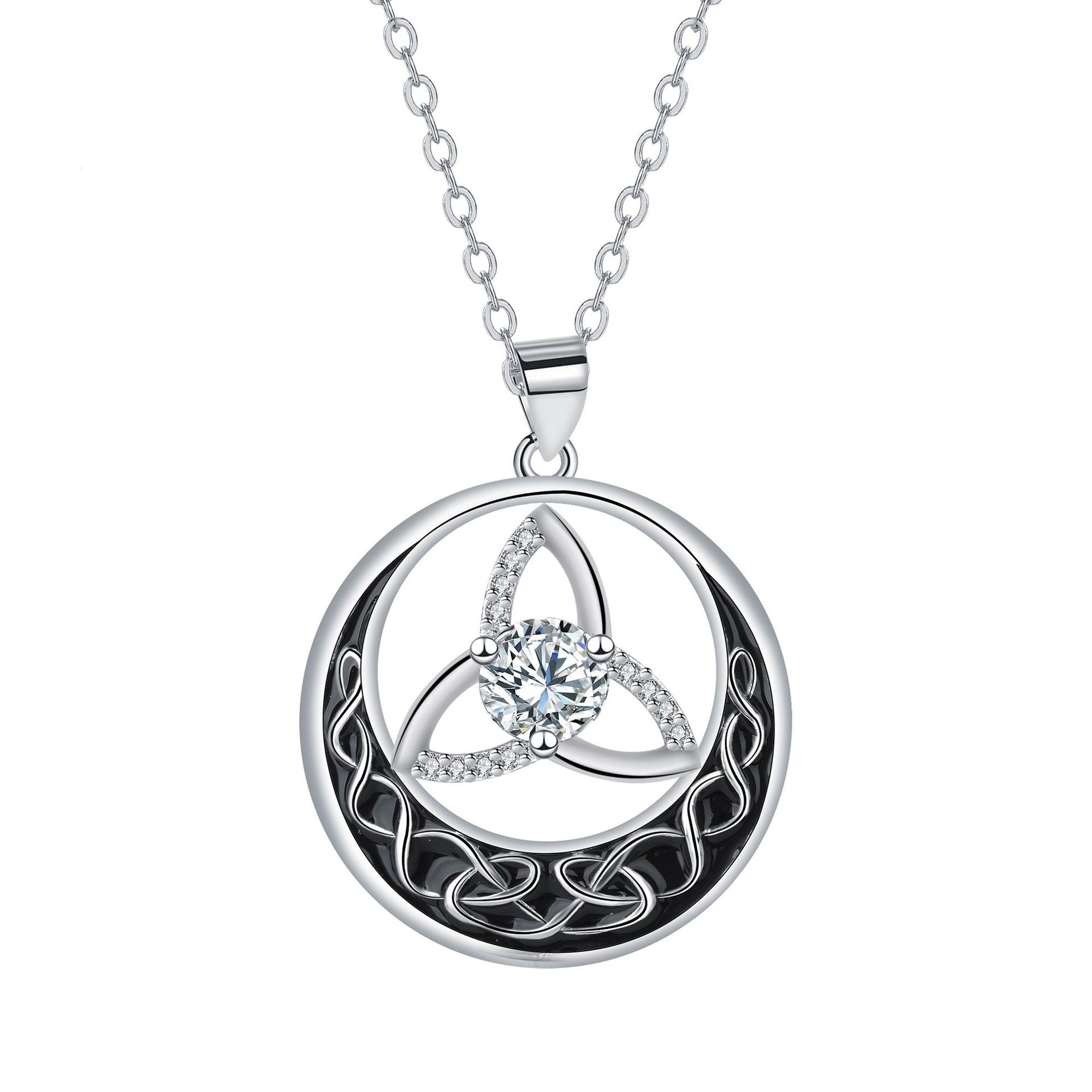 Celtic Moon Halo S925 Sterling Silver Black Enamel Protection Power Necklace