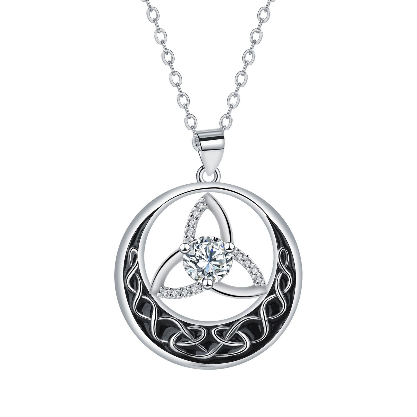 Celtic Moon Halo S925 Sterling Silver Black Enamel Protection Power Necklace