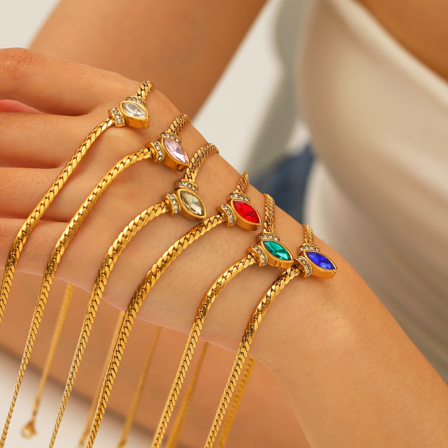 Marquise Gemstone Thin Gold Cuban Link Necklace