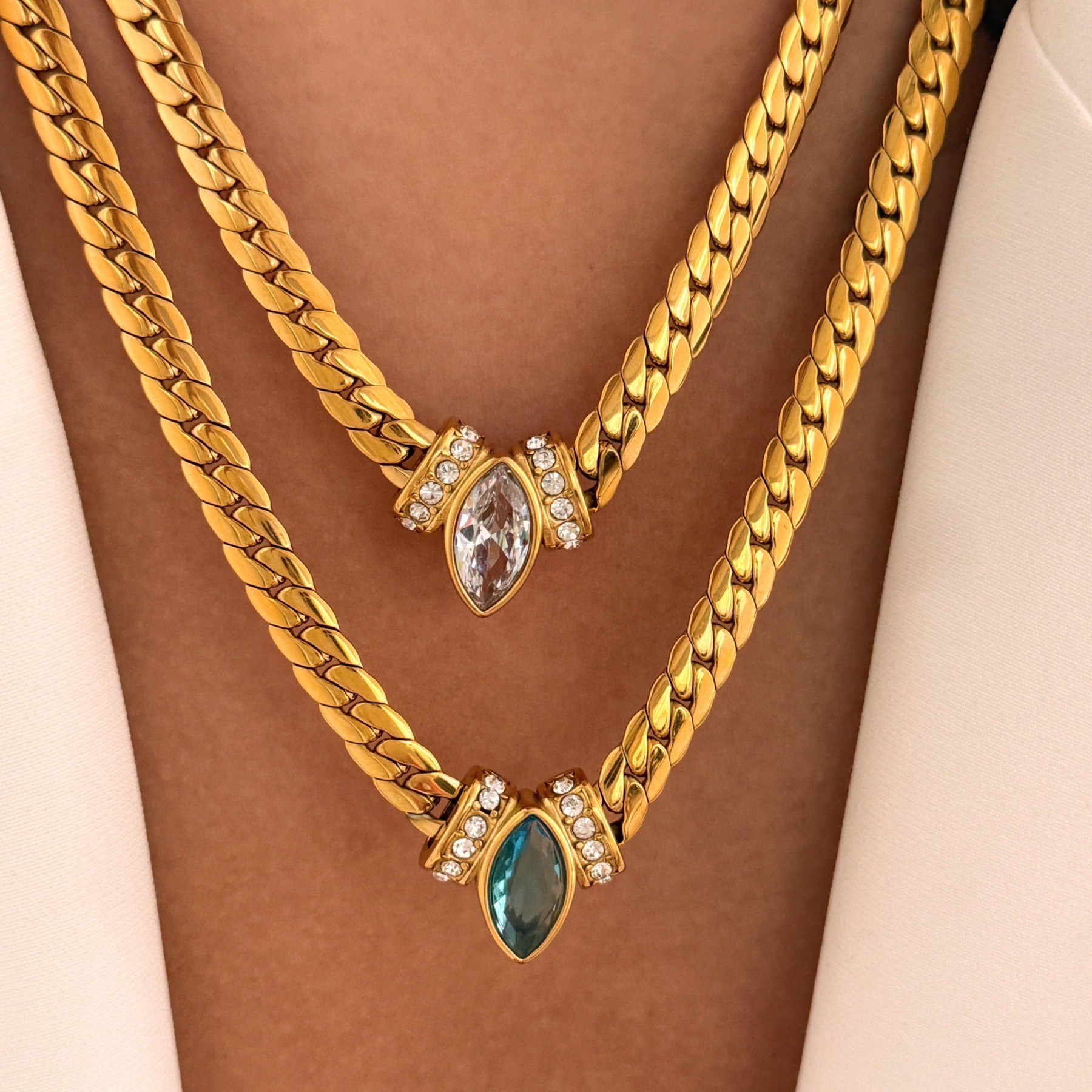 Marquise Gemstone Thin Gold Cuban Link Necklace