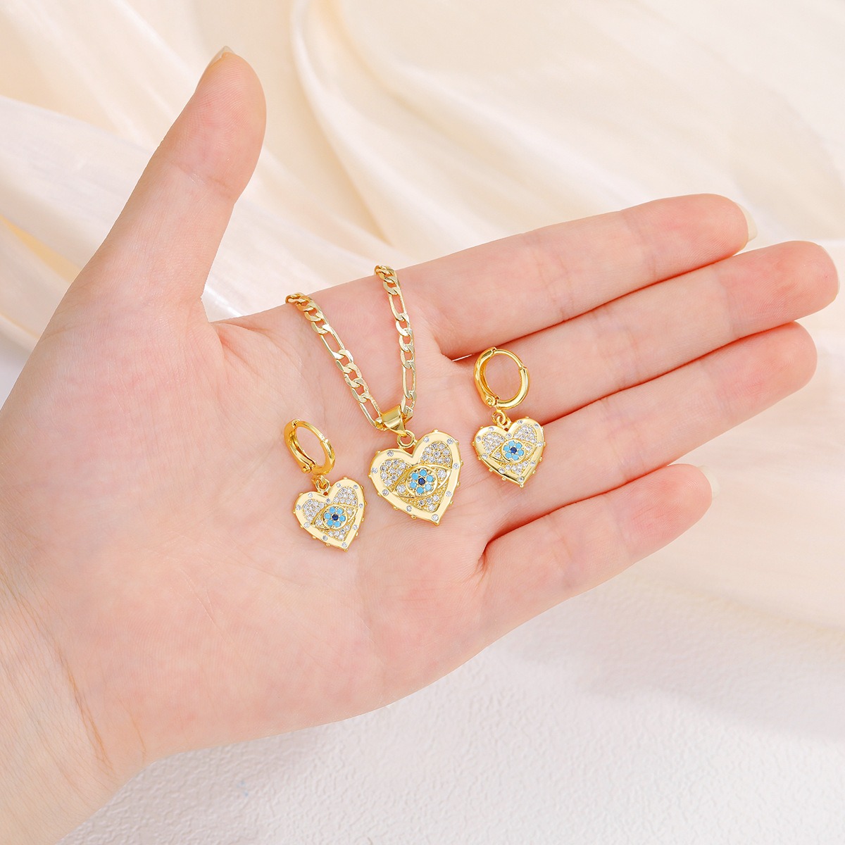 Evil Eye Guardian Heart Pave Diamond Necklace Earrings Set