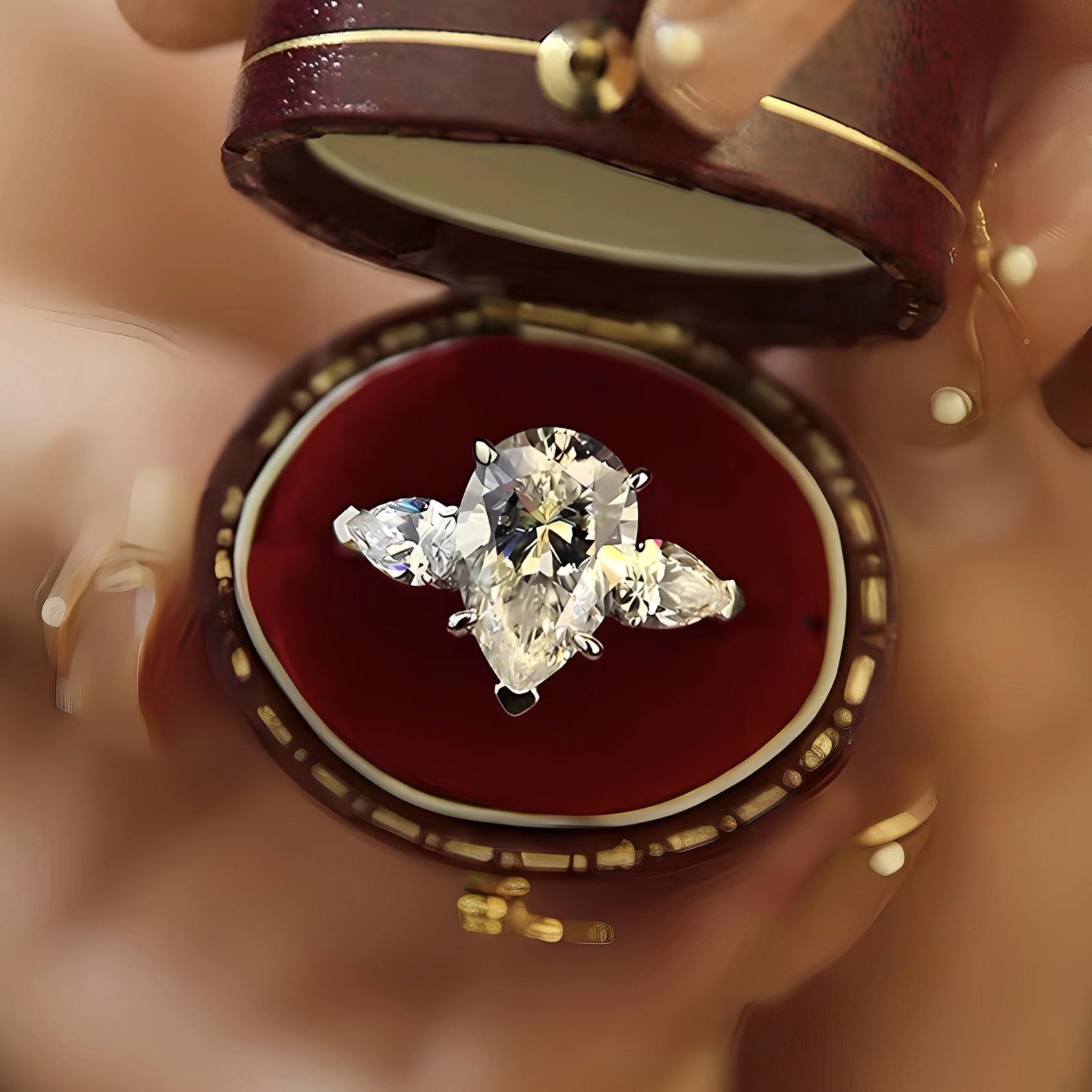 S925 Silver Plated White Gold Pear-Shaped Multi-Diamond Ring