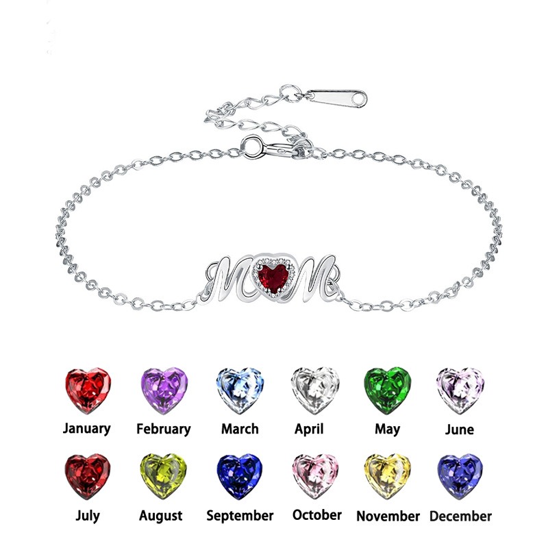 Beloved MOM S925 Silver Birthstone Heart Bracelet 