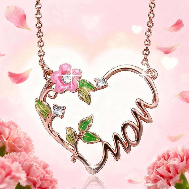 Heart & Bloom S925 Rose Gold-Plated Mom Heart Floral Enamel Necklace