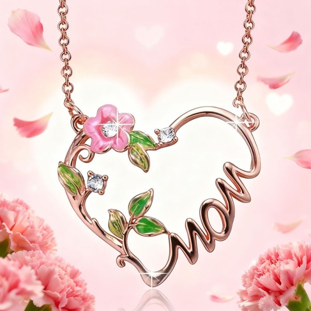 Heart & Bloom S925 Rose Gold-Plated Mom Heart Floral Enamel Necklace