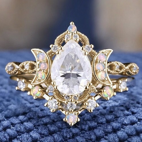 Vintage Moon-Star Teardrop Diamond Ring - S925 Silver Plated 18K Gold Opal Light Luxury Band