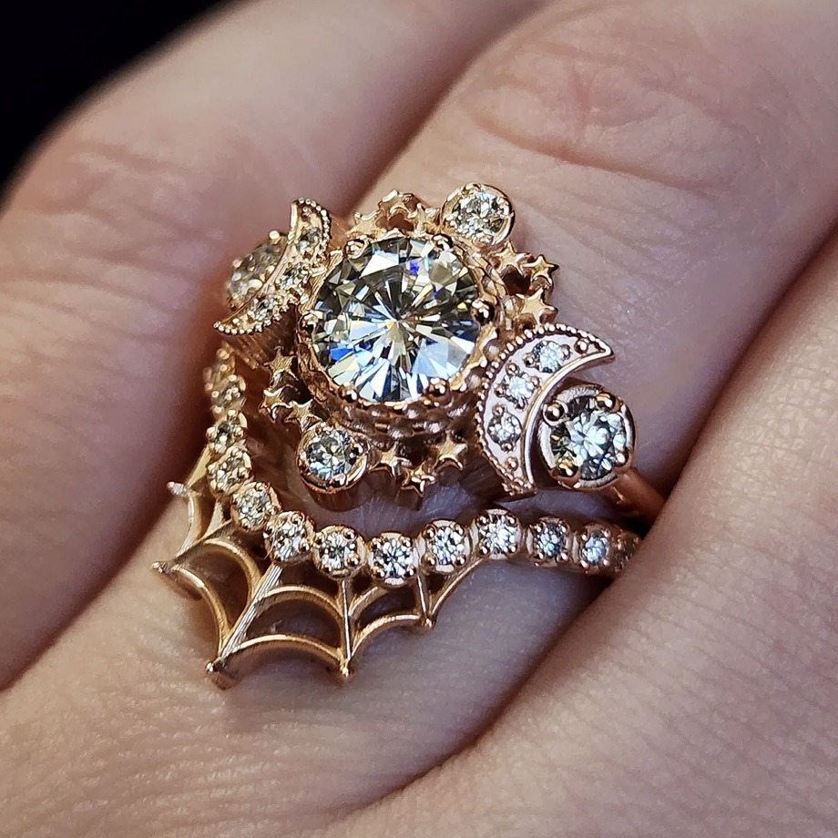 Rose Gold Spider Web Moon Star Full Diamond Ring - Dark Light Luxury Niche Design Band