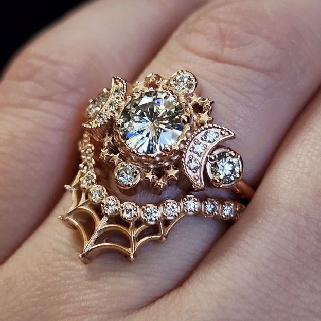 Rose Gold Spider Web Moon Star Full Diamond Ring - Dark Light Luxury Niche Design Band