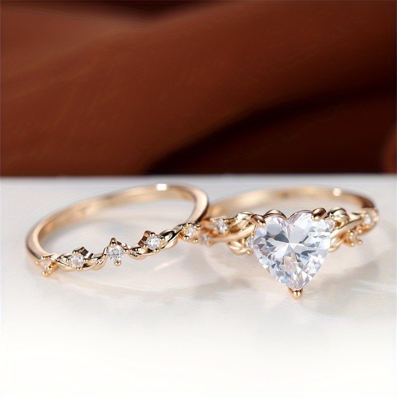 Multi-Color Heart Gemstone Vine Ring Set - Women's Light Luxury Romantic Diamond-Encrusted Accessory