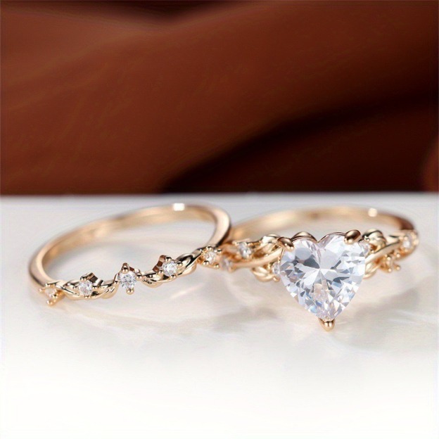 Multi-Color Heart Gemstone Vine Ring Set - Women's Light Luxury Romantic Diamond-Encrusted Accessory