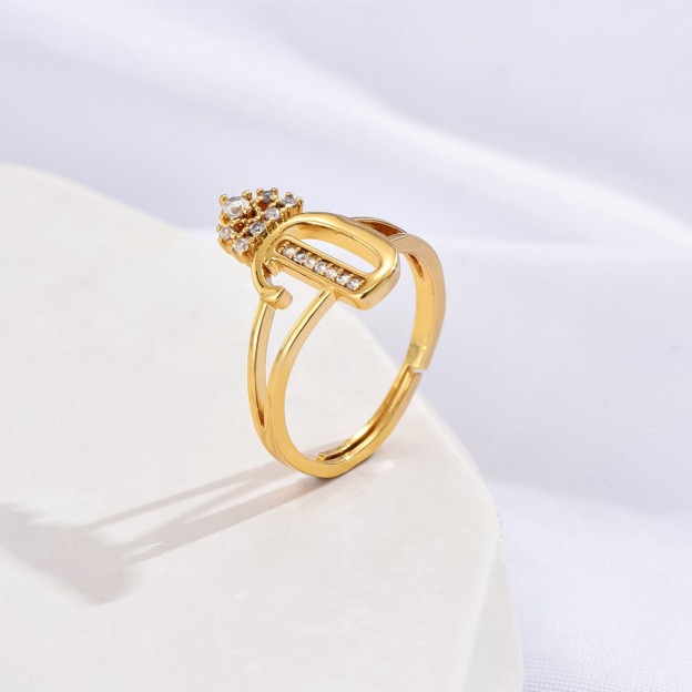 26 Letters Optional Crown Diamond-Encrusted Ring - Women's Light Luxury Personalized Letter Accessory