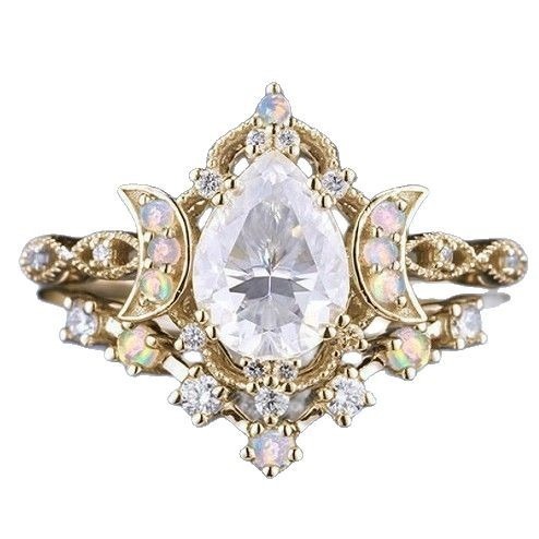 Vintage Moon-Star Teardrop Diamond Ring - S925 Silver Plated 18K Gold Opal Light Luxury Band