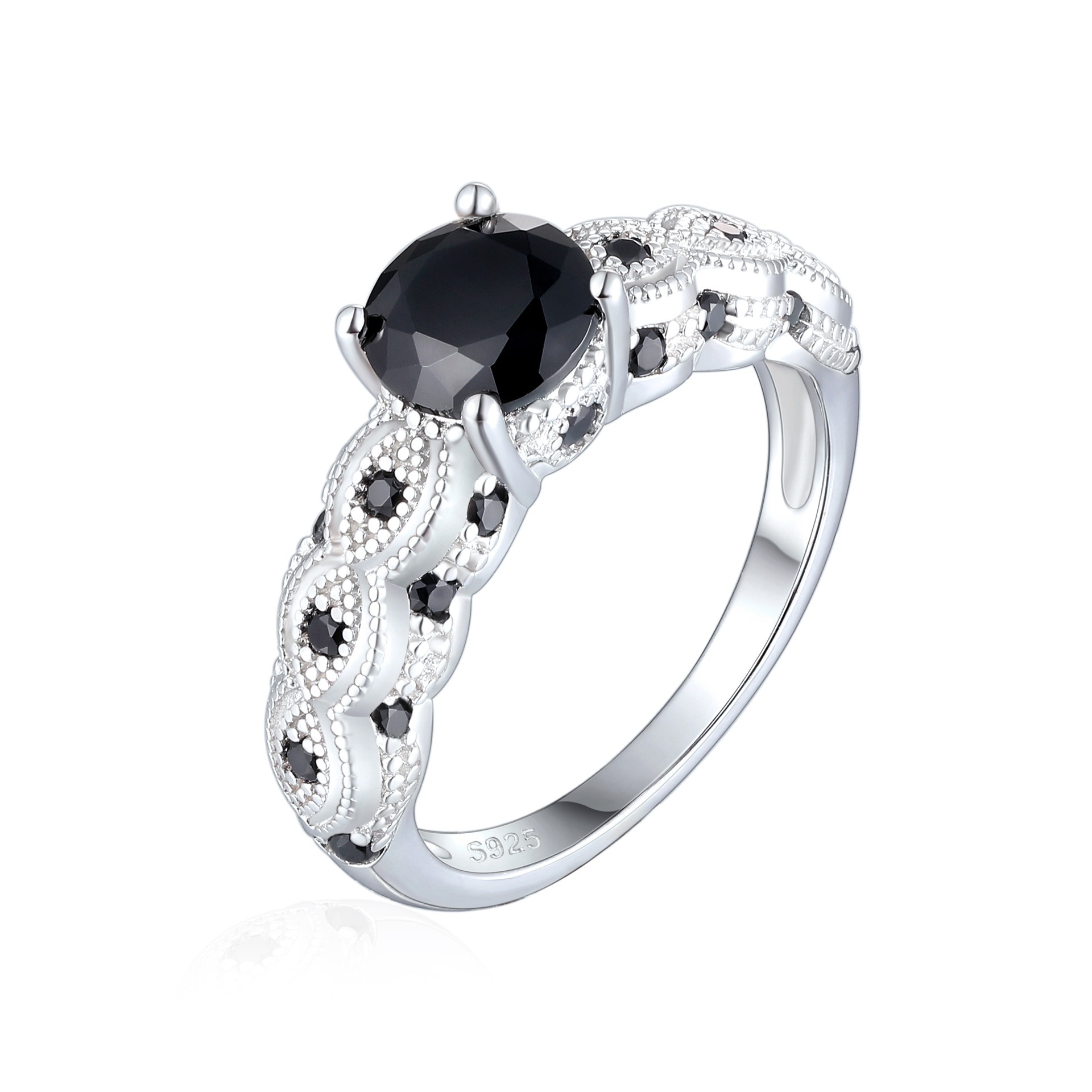 S925 Sterling Silver Vintage Milgrain Evil Eye Black CZ Ring