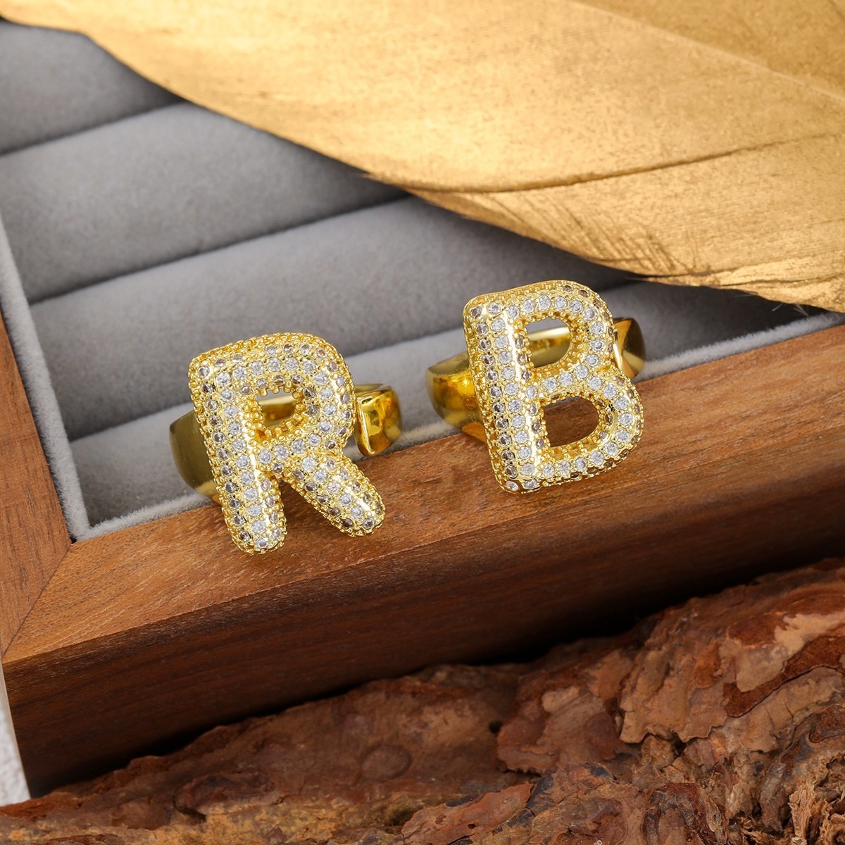 Letter Starburst 18K Gold Diamond 26-Letter Open Ring（Free shipping on orders of two or more items）