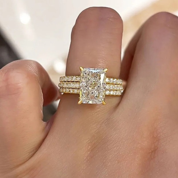 Radiant Princess-Cut Three-Piece Ring Set | Statement Center Ring with Double Pavé Stackable Bands