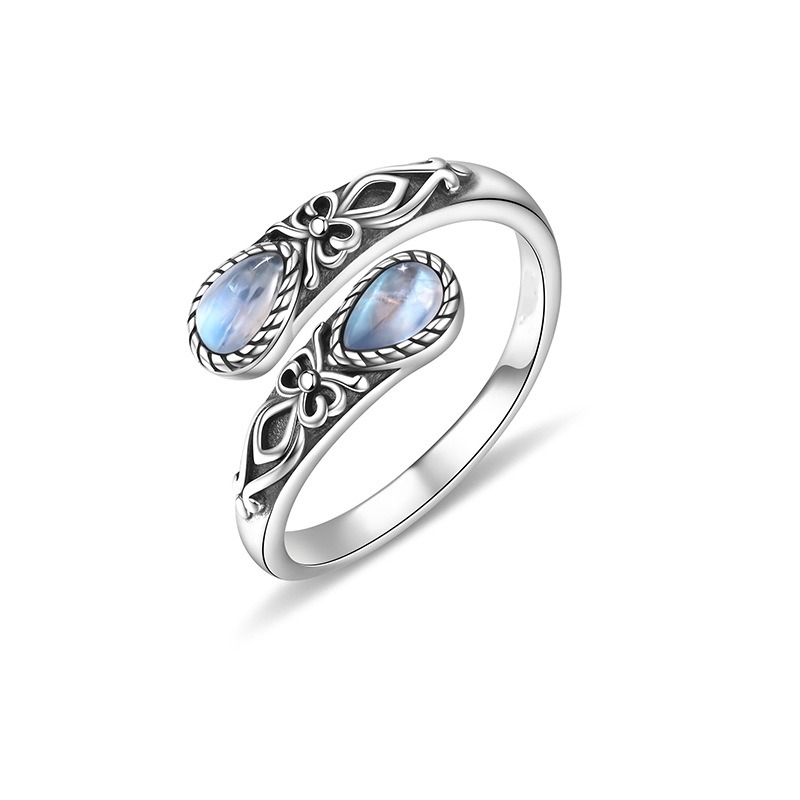 S925 Sterling Silver Vintage Carved Moonstone Open Ring