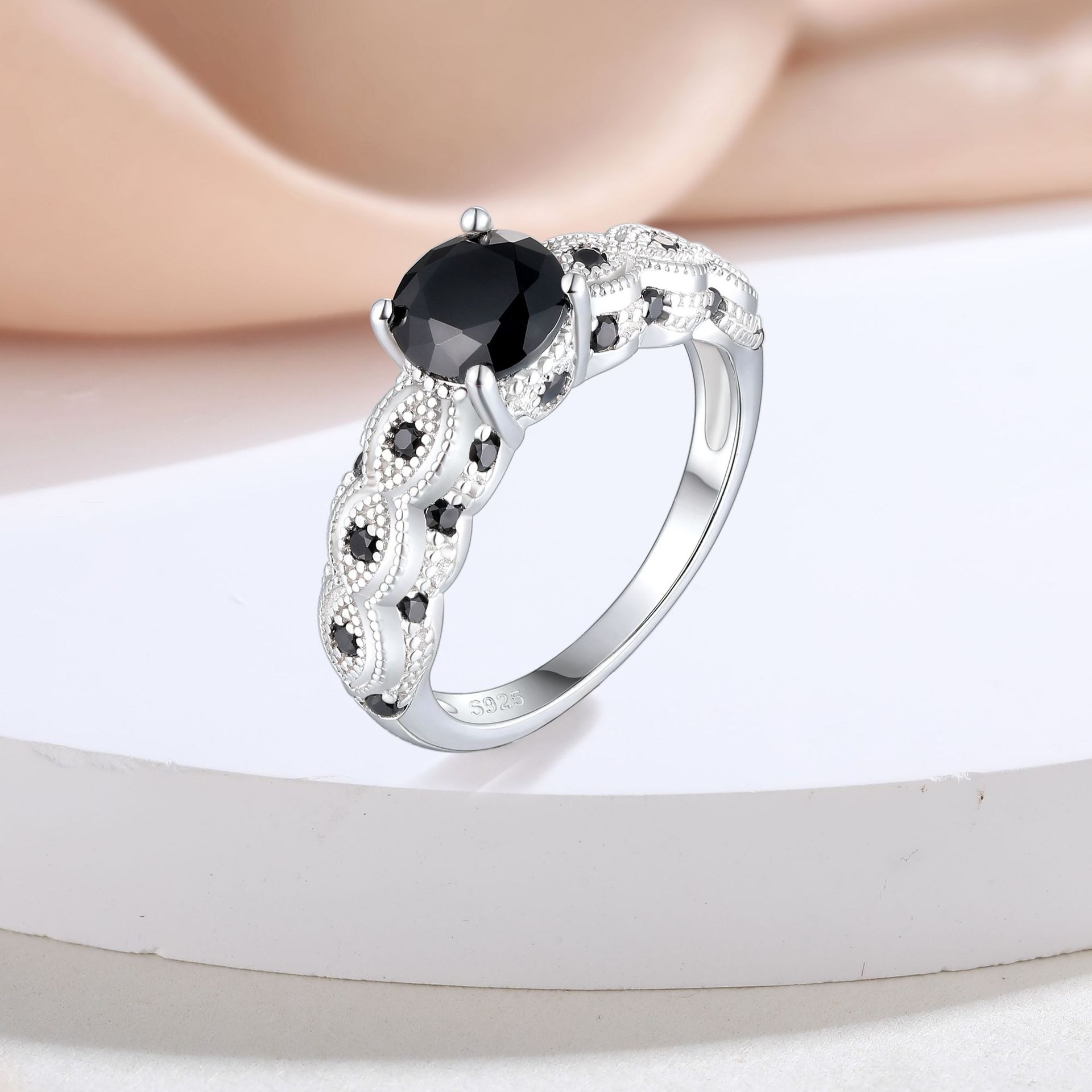 S925 Sterling Silver Vintage Milgrain Evil Eye Black CZ Ring