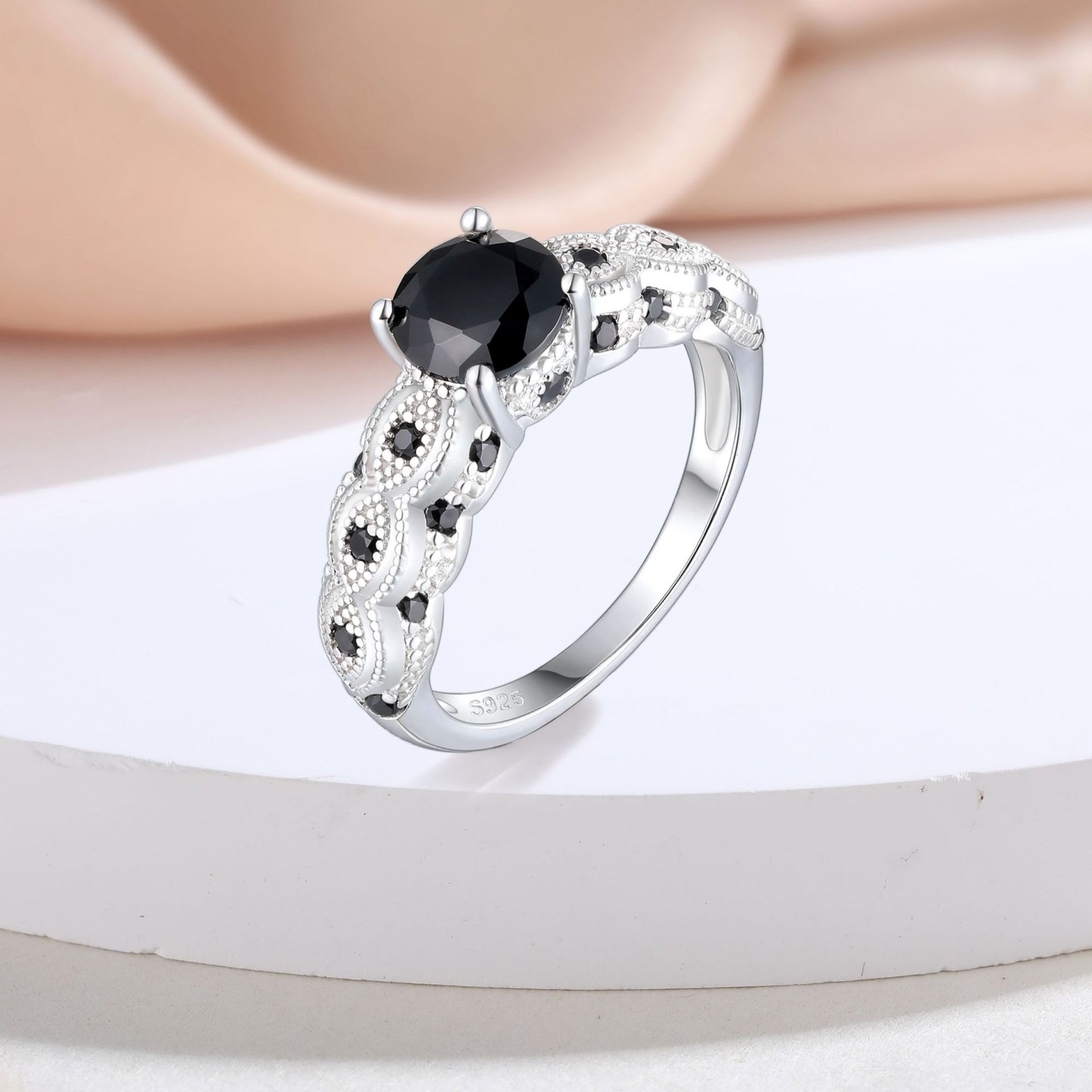 S925 Sterling Silver Vintage Milgrain Evil Eye Black CZ Ring
