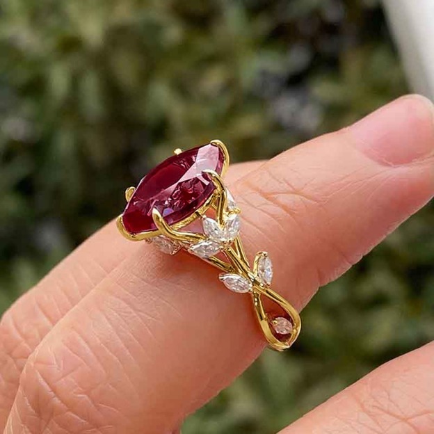 Blossoming Vine 18K Gold Oval Gemstone Vine & Flower Ring