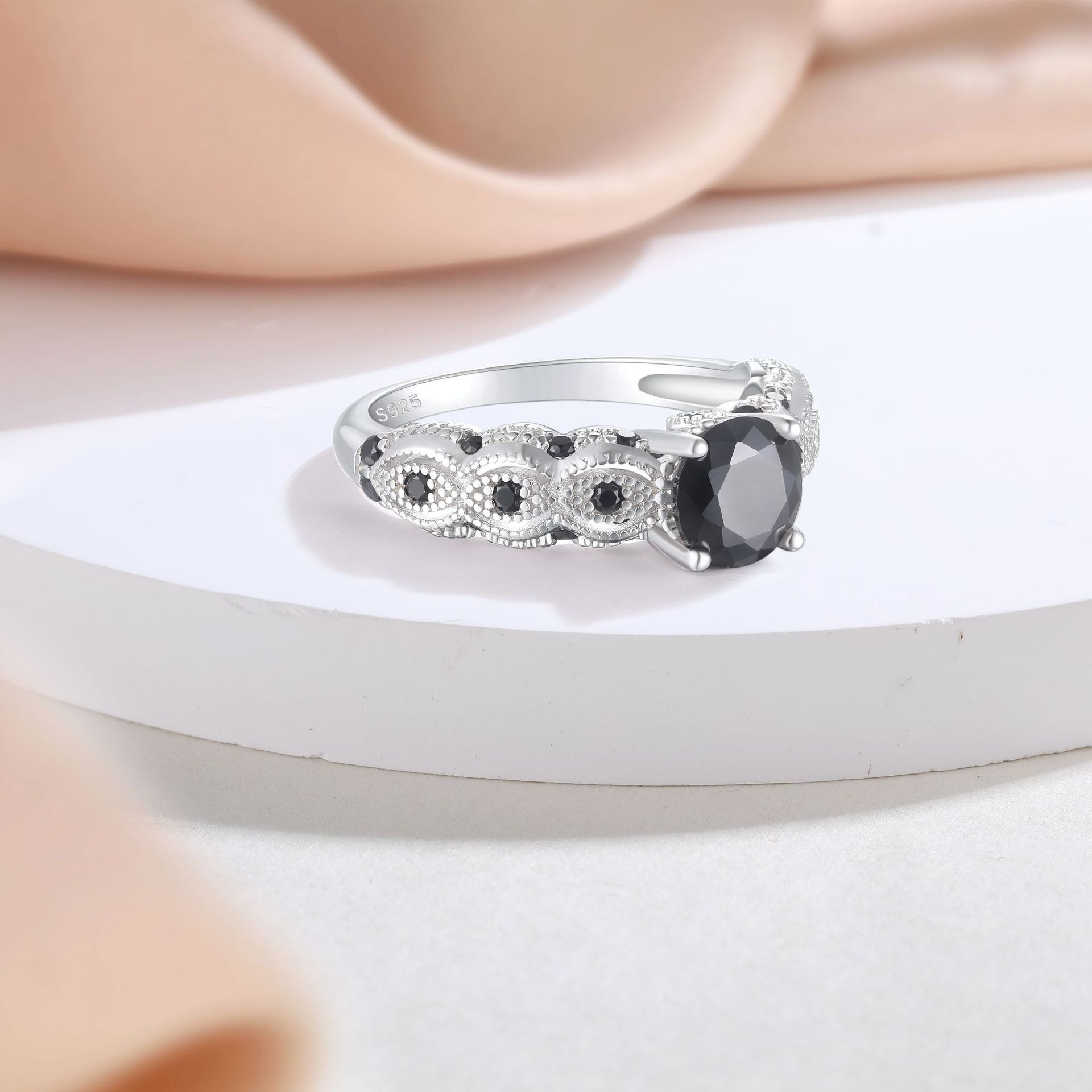 S925 Sterling Silver Vintage Milgrain Evil Eye Black CZ Ring