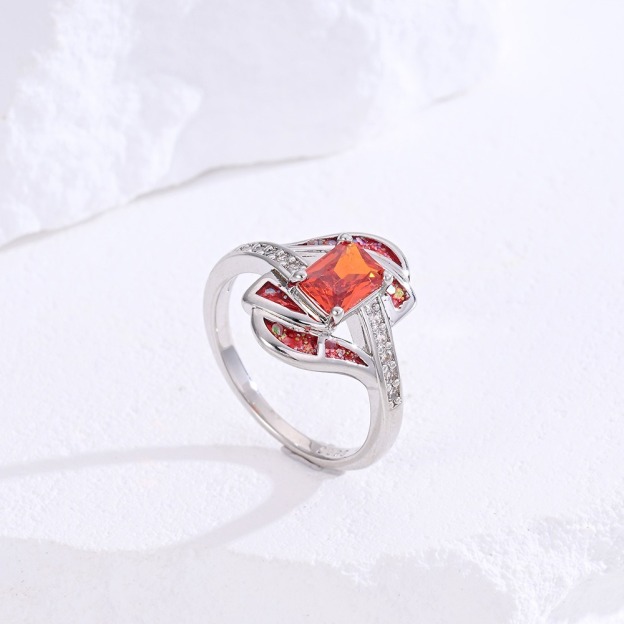 Sterling Silver Princess Cut Red Stone Twisted Ring