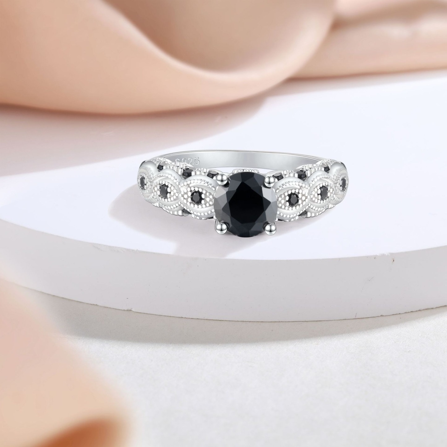 S925 Sterling Silver Vintage Milgrain Evil Eye Black CZ Ring