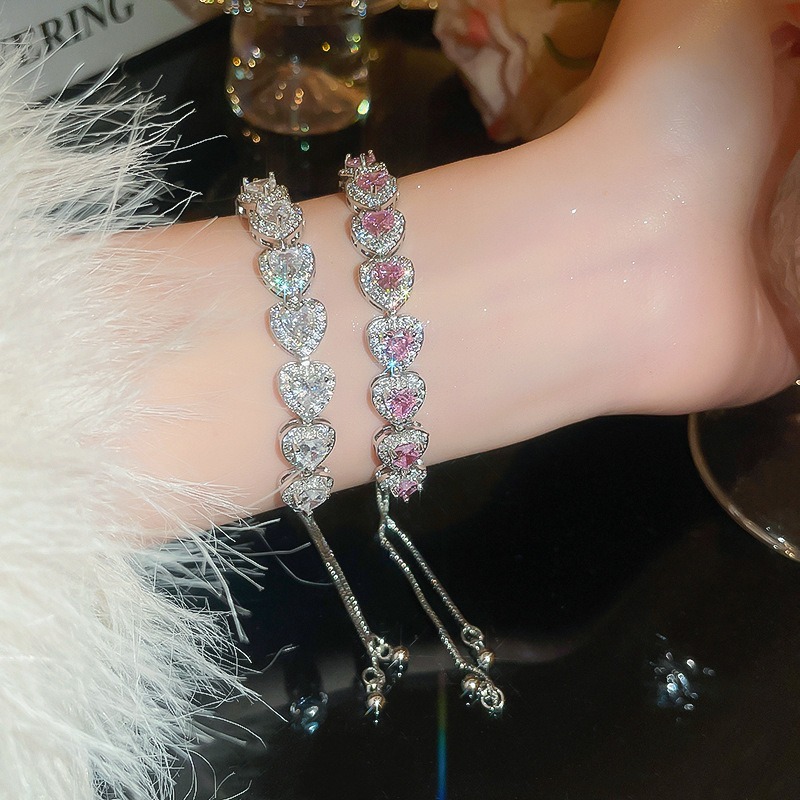 Multi-Color Heart-Shaped Full-Diamond Adjustable Bracelet
