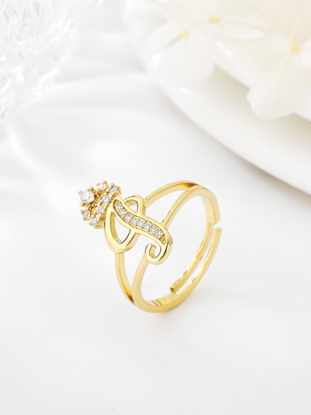 26 Letters Optional Crown Diamond-Encrusted Ring - Women's Light Luxury Personalized Letter Accessory